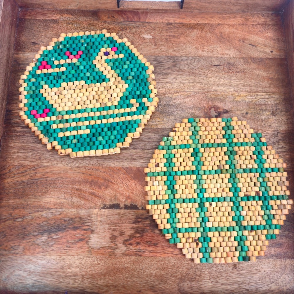 Vintage Beaded Wood Trivet 2 Set Swan Bird Teal Tan Cottagecore Kitchen Decor 8"